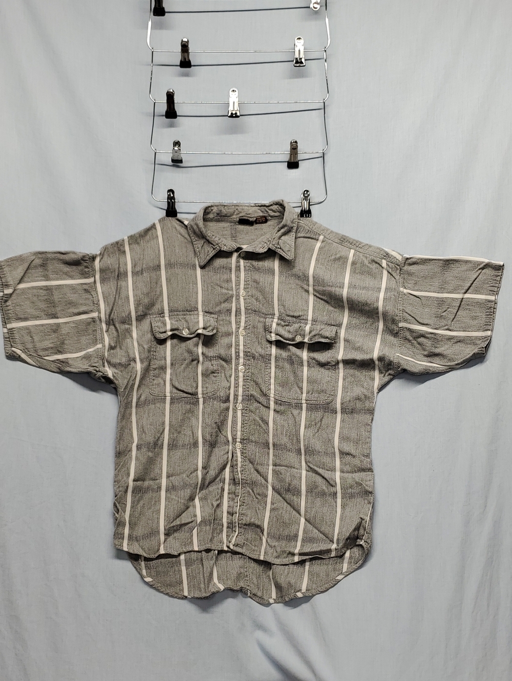 Bachrach Gray and White Vertical Stripe Short Sleeve Button-Down Shirt #394